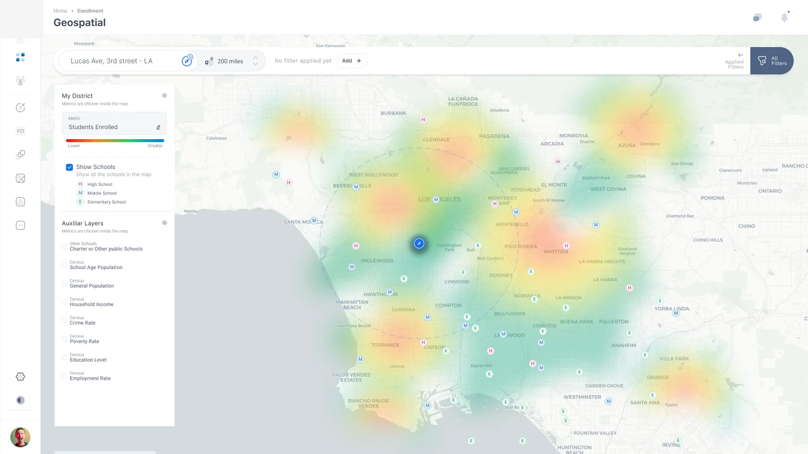 Diversity and demographic insights dashboard showing K–12 student population, ethnicity, equity, and enrollment trends.