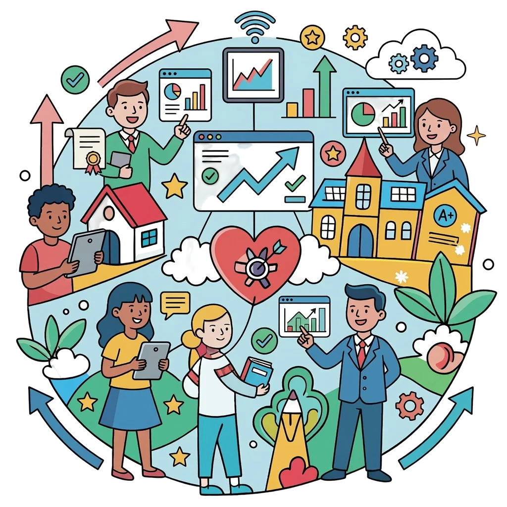 Illustration of a K–12 district analytics solution showing educators, students, school leaders, performance dashboards, student achievement, and data-driven decision-making.