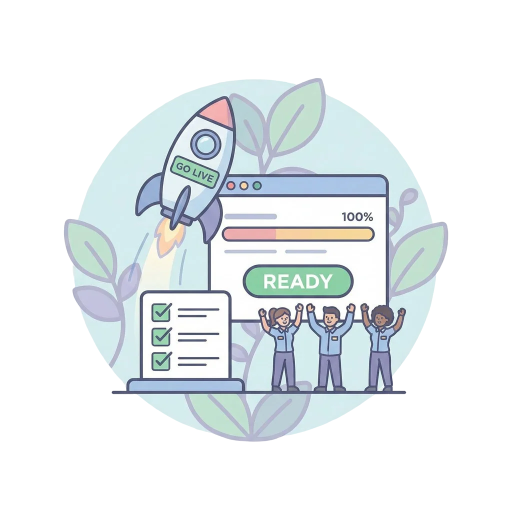 Illustration of a completed implementation with a checklist, progress dashboard, and team celebrating readiness to use actionable insights.