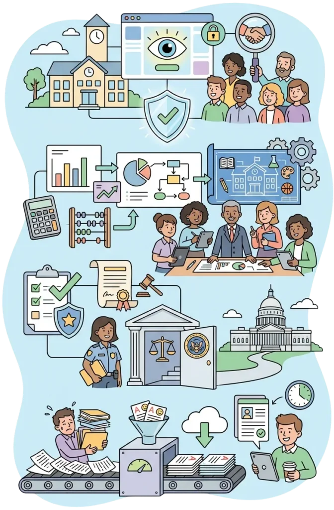 Illustration of district operations connecting governance, compliance, planning, school performance, and administrative workflows.
