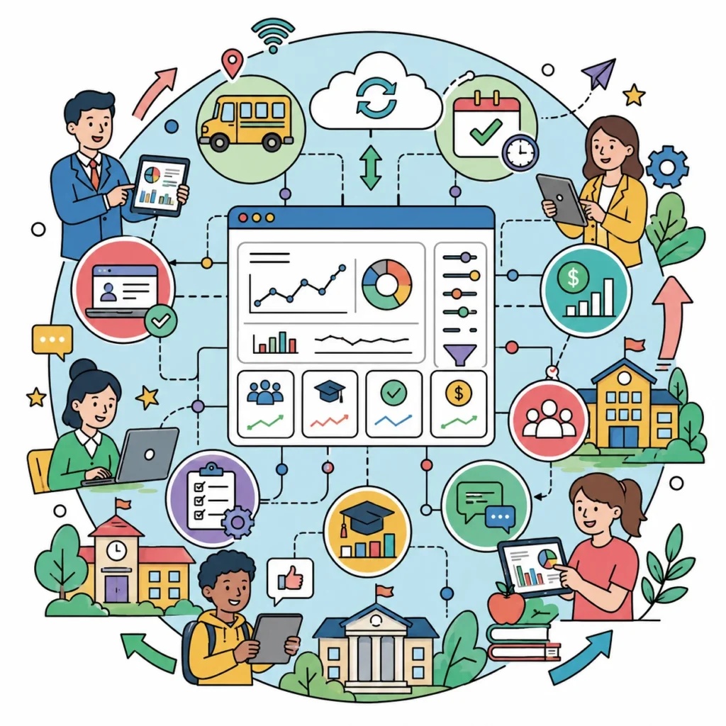 Executive dashboard connecting K–12 data, transportation, finance, attendance, and student performance into one unified platform.