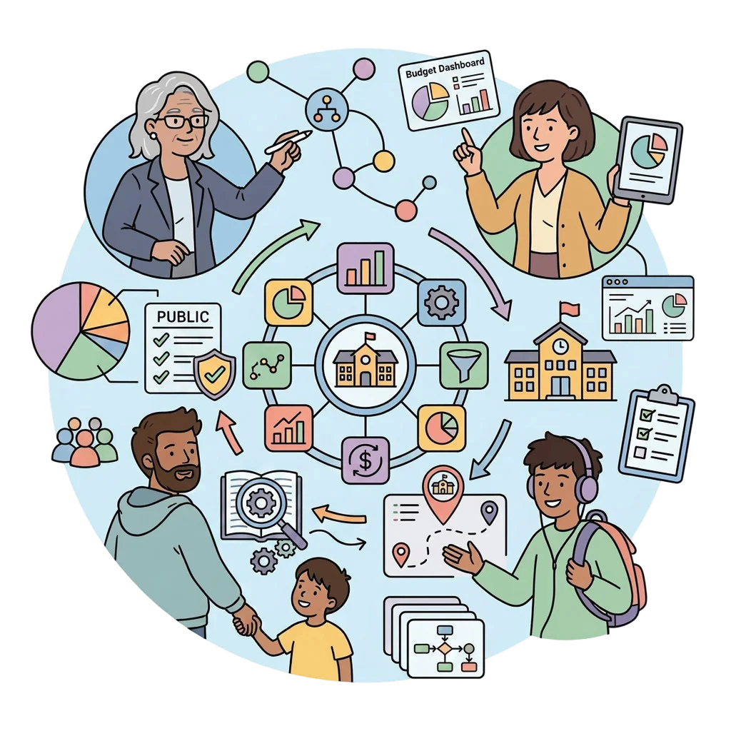 Illustration showing financial dashboards that simplify K–12 budget planning, funding analysis, and district financial decision-making.