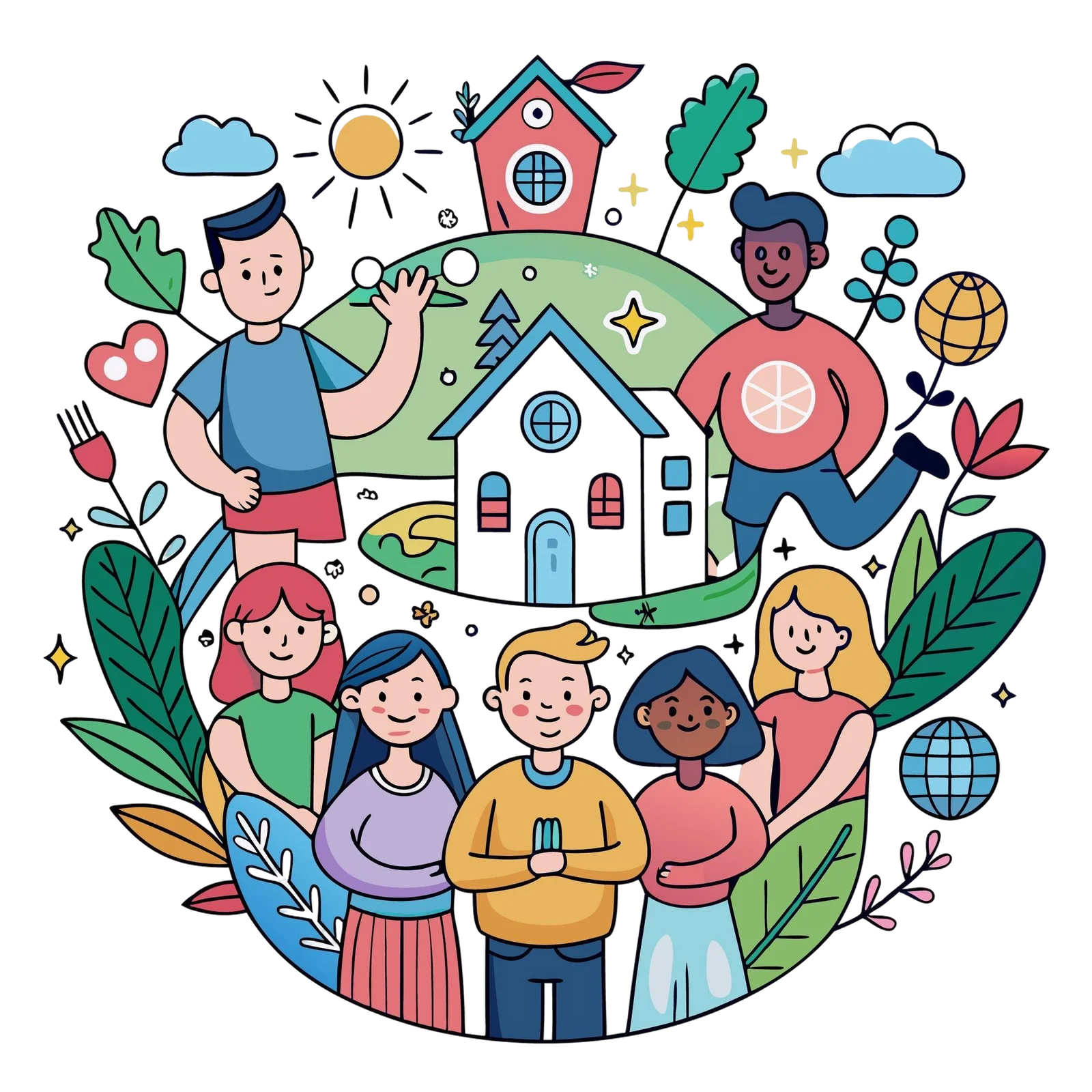 Illustration of diverse people, houses, and nature elements symbolizing community and connection